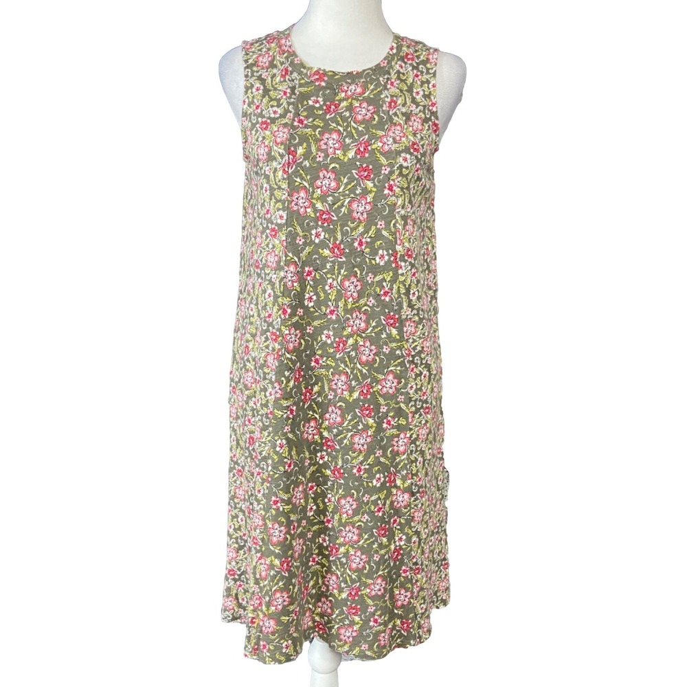 J. Jill Tank Dress Womens XS Green Floral Jersey Swing Pockets Knee Length